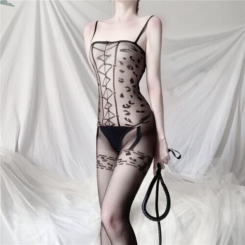 2021 Black Sexy Lingerie Porno Garter Belt Tights Transparent Pantyhose Leopard Open Crotch Hollow Stockings Print Long Stocking