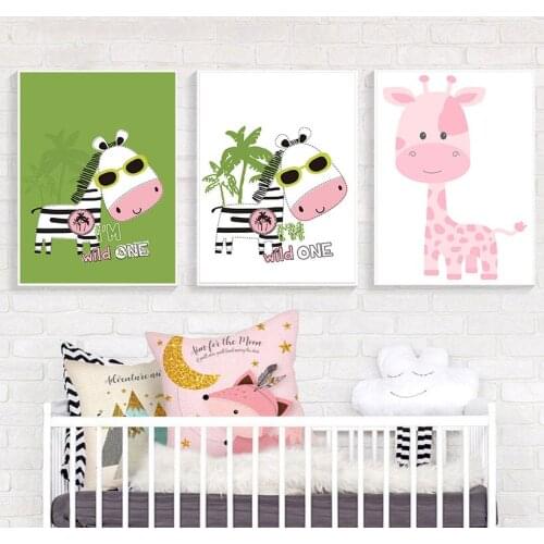Baby Nursery Girl Wall Art Canvas Posters Prints Pink Cartoon Zebra Painting Kids Decoration Picture Children Bedroom Decor
