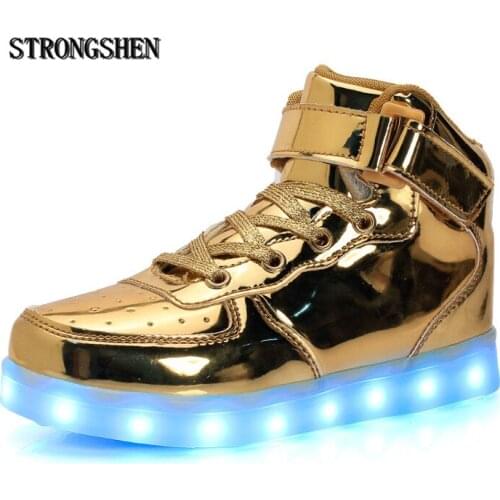 STRONGSHEN Led Children Shoes 2018 USB Charging Basket Shoes With Light Up Kids Casual Boys&Girls Luminous Sneakers Gold silver
