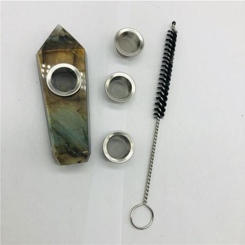 Natural Labradorite Crystal Smoking Pipe+1 brush+3 Filters