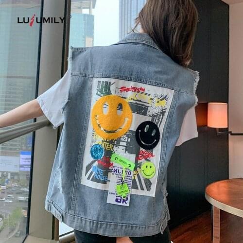 Lusumily Loose Denim Vest Women Waistcoat Female Sequin Sleeveless Jean Jacket Harajuku Casual Cowboy Outwear Autumndenim Vest