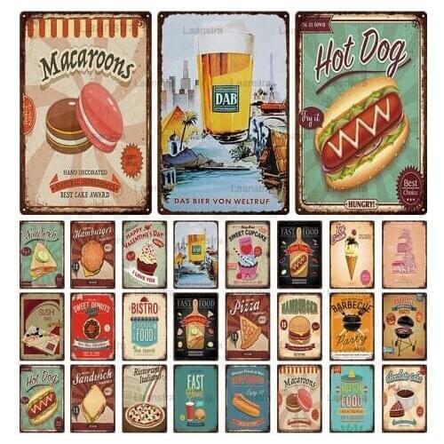 Retro Plaque Food Hot Dog Sandwich Macaroon Burger Pizza Metal Tin Sign Iron Sheet Creative Decor Painting Cafe Restaurant Home