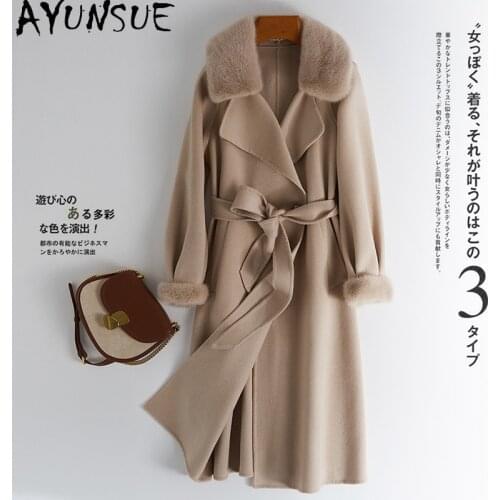 AYUNSUE Fashion 100% Wool Coat Women Korean Style Coats and Jackets Mink Fur Collar Autumn Winter Clothes 2020 Manteau Femme 27