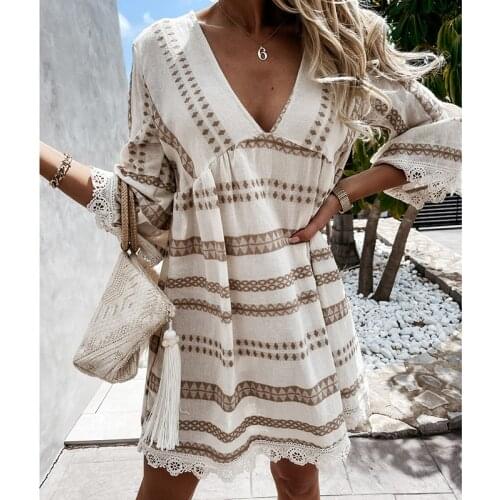 Ardm Fashion V Neck Strap Patchwork Lace Dresses For Women 2021 Boho Mini Dress Casual Long Sleeve Full Dresses