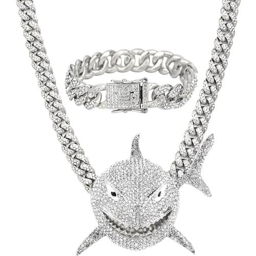 Shark Pendant Necklace for Men Hip Hop Bling Iced Out Miami Cuban Link Chain Bracelet Fashion Jewelry Men Choker Necklace Cubana