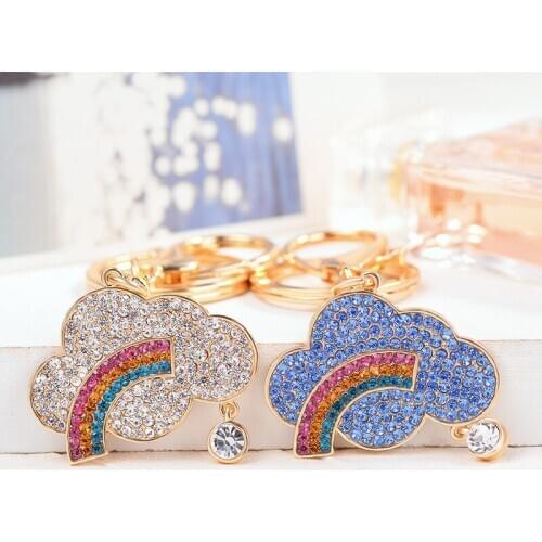 New Rhinestone Pendant Rainbow Cloud Keychain Women Trendy Exquisite Colorful Car Handbag Hanging Key Chain