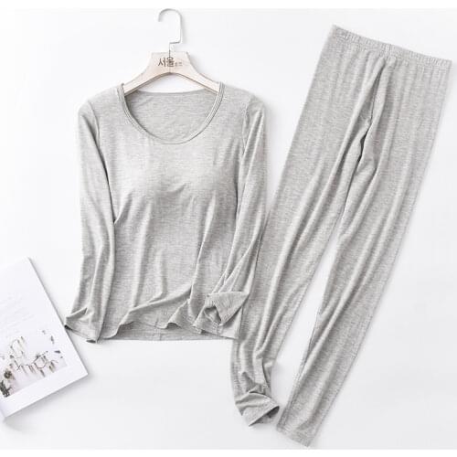 Sanderala Autumn Winter Modal Pajamas Sets Women Padded Top Long Sleeve O-neck T-Shirt All Match Tee Long Johns Bra-T Homewear