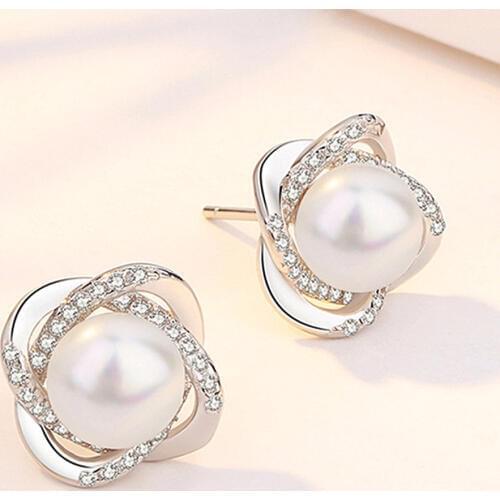Pearl &zircon diamonds gemstones stud earrings for women 18k rose gold white silver color argent elegant jewelry bijoux fashion