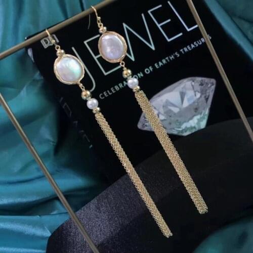 14cm,High-quality Tassels Button Pearls Drop-Earrings,Real Fresh-water pearls earrings for women,wedding Party wear decoration