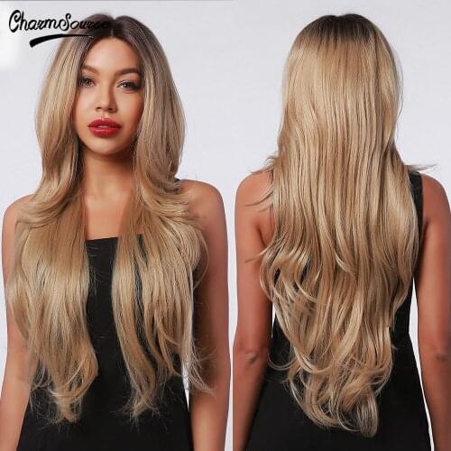 CharmSource Lace Part Synthetic Wig Long Wavy Mixed Dark Brown with Highlight Hair Wigs for Black White Women Daily Lace Wigs