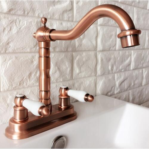 Antique Red Copper Brass Deck Mounted Dual Ceramic Handles 4" Center Hole Bathroom Two Holes Basin Faucet Mixer Taps mrg043
