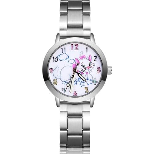 Cute Cartoon Cat style Childrens Watches Kids Student Girls boys Quartz Metal steel Wrist Watch JA37