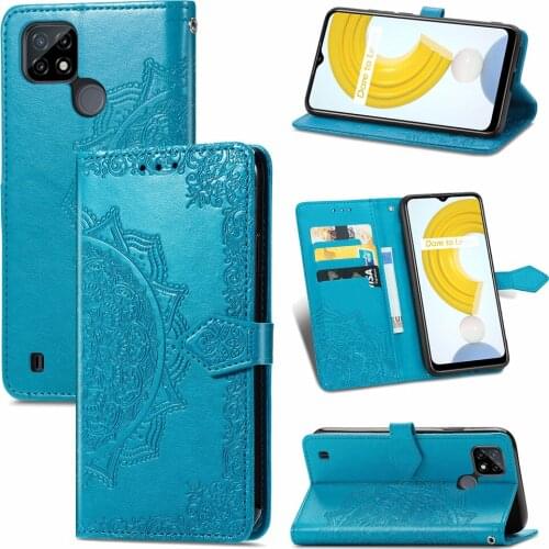 Embossed Flower PU Leather Cover For OPPO Realme C21 Case C20 Kickstand Wallet Card Pocket Phone Case Realme C 21 Funda
