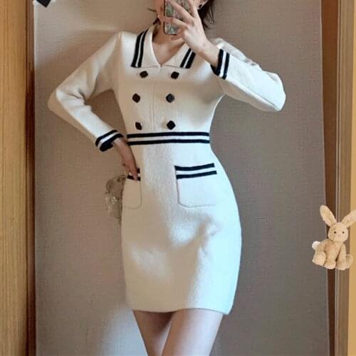 Tweed Mini Dress Vintage Hepburn Chic Short Prom Dress Autumn Korean Fashion Y2K Elegant Casual Slim Long Sleeve Dress 2021 New