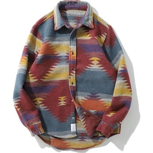 Streetwear Cardigan Coat Shirt Men Geometric Pattern Printed Long Sleeve Shirt Harajuku Button Shirt Cotton Men Vintage Clothing