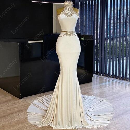 Duabi White Perals Evening Dresses Mermaid High Neck Prom Dresses Elegant Wedding Party Dresses Robes De Cocktail