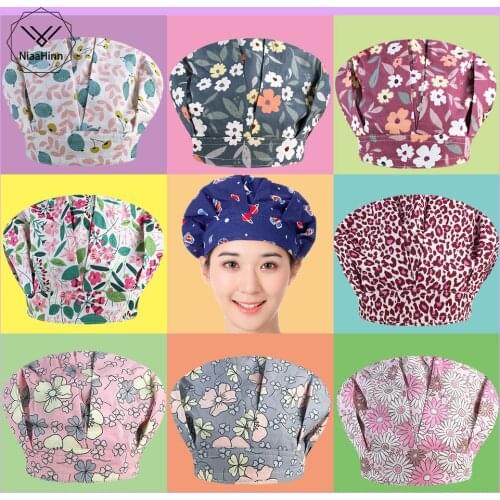 High quality flower print cap breathable nursing scrubs hat pet shop scrubs cap adjustable beauty salon scrub hat for long hair