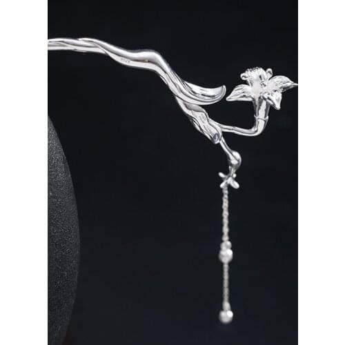 Lily Blossom Tassel Hairpin For Women S925 Sterling Silver Original Handmade Chinese Style Vintage Jewelry Hair Clips Bobby Pin