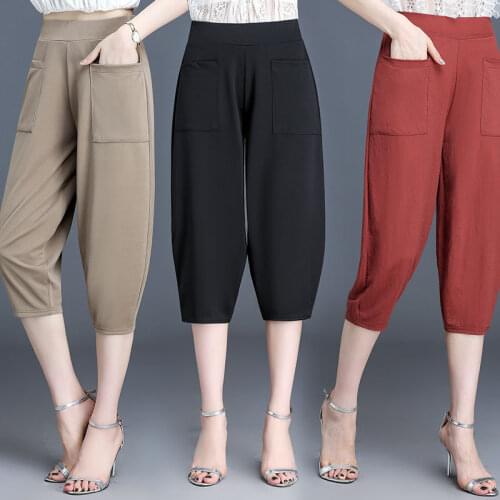 Women Pants Summer Womens Cropped Pants Elastic Waist Casual Pants Womens Pants Pantalones De Mujer