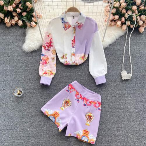 New Fashion Design 2021 Spring Autumn Women Vintage Print Long Sleeve Shirts + Wide Leg Shorts Two Piece Set Female Suits Outfit