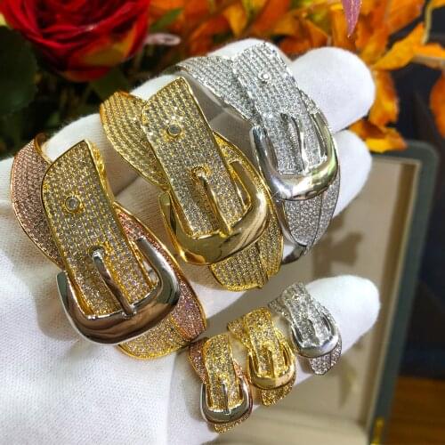 Luxury Trendy Fashion Shiny belt buckle Bangle Ring for Women Bridal Jewelry Sets Wedding Perfect Gift High Quality jewellery