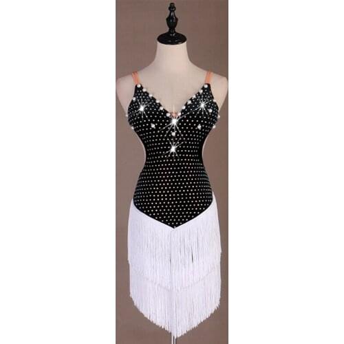 Latin Dance Dress Female Adult Sexy Sling Fringe Skirt Pearl Diamond Tassel Dress Ballroom Dance Competition Costumes DQL3003