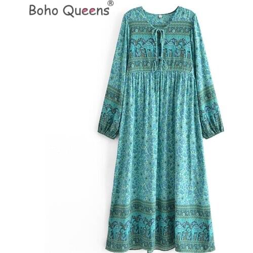 Boho Queens women neck tie pink floral print beach Bohemian maxi dress Ladies rayon cotton Boho dress vestidos