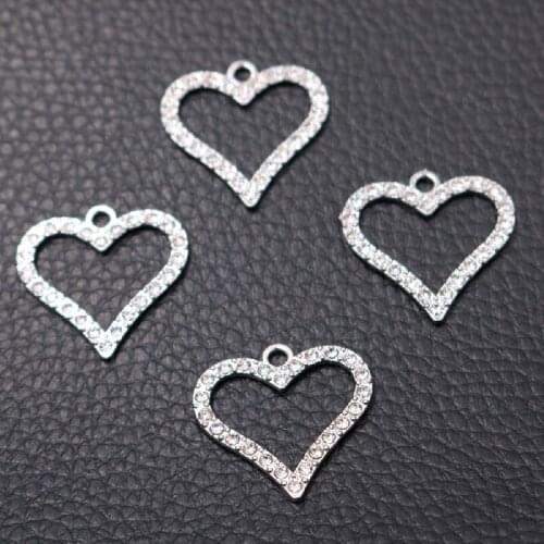 10pcs Silver Plated Handmade Rhinestone Hollow Heart Pendant Bracelet Necklace Metal Accessories DIY Charm Jewelry Crafts Making