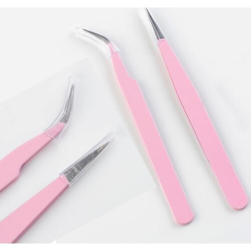 2020 Hot Sale New 2PCS Stainless Steel Pink Straight + Bend Tweezer For Eyelash Extensions Nail Art Nippers