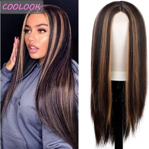 Long Straight Lace Front Wig Mixed Black and Brown Synthetic Lace Wigs for Women Heat Resistant Straight Cosplay Wig Middle Part
