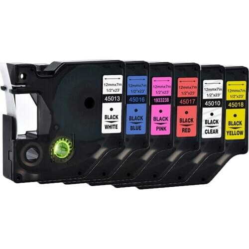 5Packs Label Tape Refill Compatible for Dymo D1 45013 45010 45016 Label Tape 12mm*7m Black on White LABEL CASSETTES 15 Colors