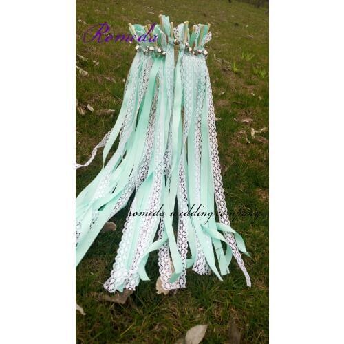 50Pieces/Lot Style D Tiffany blue ribbon lace wedding wands with bell Wedding Ribbon Stick,ribbon Twirling Streamers
