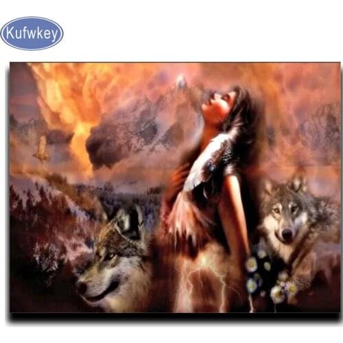 5d Diy Diamond Painting cross stitch indian woman and wolves Needlework Diamond Embroidery,Rhinestone Mosaic diamond home decor