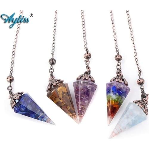 Ayliss 7 Chakra Chip Stone Healing Crystals Pendulums for Dowsing Divination 6 Faceted Hexagon Pointed Cone Reiki Resin Pendulum