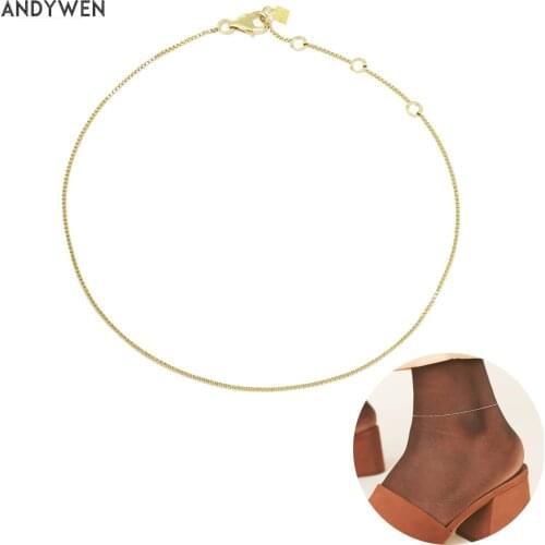 ANDYWEN 925 Sterling Silver Gold Baby Box Chain Anklet Slim Chains For Foot Women Luxury Small Fine Jewelry Gift Wedding Party