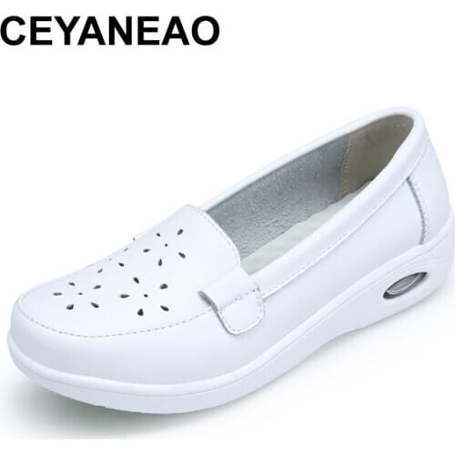 CEYANEAO Four Seasons woman Pure black and white soft platform full sole nurse air cushion Shoes Women Genuine shoesE128
