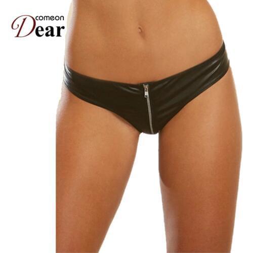 Comeondear Ropa Interior Mujer Transparent Plus Size Black Leather Zipper Sexy Panties Women Low Waist Latex Underwear PA5127