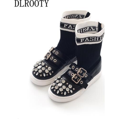 Children Shoes Martin Boots Knit Upper Crystal Kids Ankle Autumn Warm Girls Boys Fashion Sneakers Flat Sock Outdoor Buckle