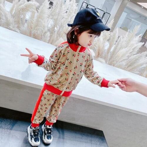 DFXD 2020 Spring Autumn Childrens Set Toddler Girls Cherry Outfit 2pc Long Sleeve Zipper Coat+Pant Casual Kids Tracksuits 1-7T