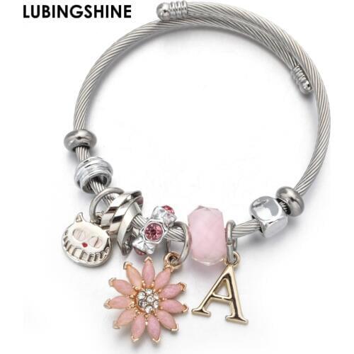 Exquisite Letter Charms Stainless Steel Bracelets Bangles Crystal Flower Pendant Bracelet for Women Girls Party Jewelry Pulseras
