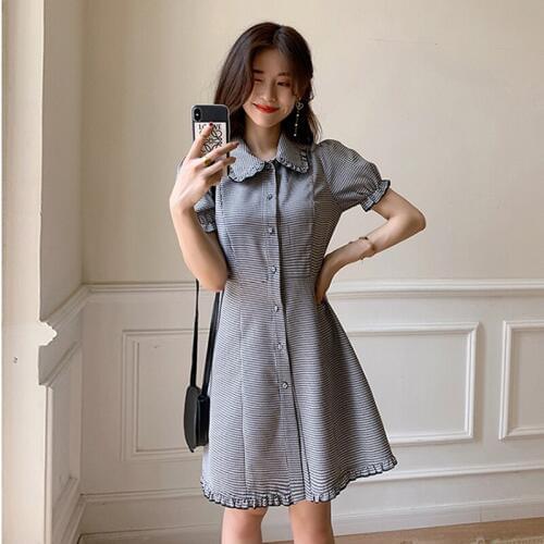 Summer Dress Womens Clothes 2019 High Waist Japan Kawaii Retro Female Plaid Peter Pan Collar Harajuku Dresses For Women