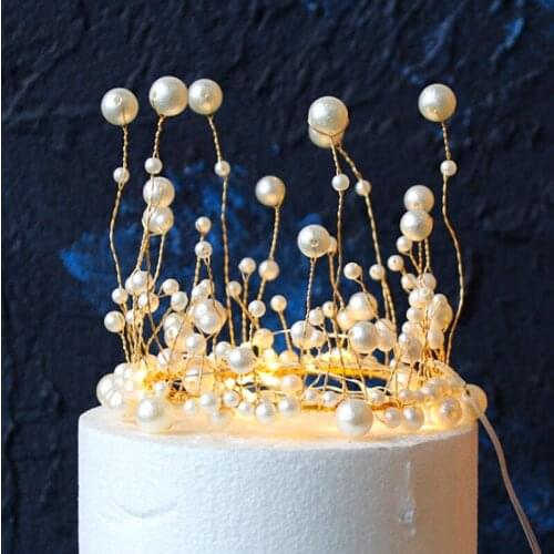 Metal Pearl Princess Crown Cake Topper Shiny Artificial Pearls Headdress Wedding&Engagement Cake Decor Birthday Topper Handmade