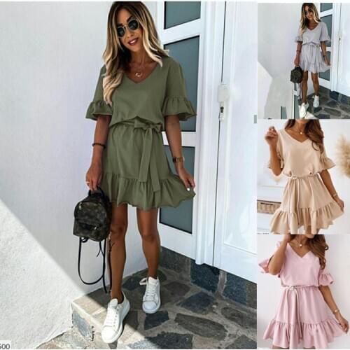A-Line V-Neck Short Ruffle Mini Dress Women Front Button Fashion Street Wear Casual Dresses Ladies Daily Clothes