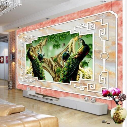 Marble border woods Peacock TV background wall decoration painting living 3d wallpaper Home Decoration