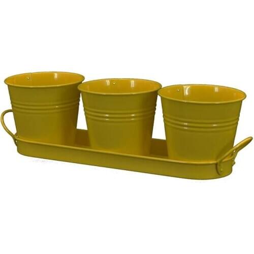 SET OF THREE 3 METAL GARDEN HERB PLANT FLOWER POTS ON ZINC TRAY