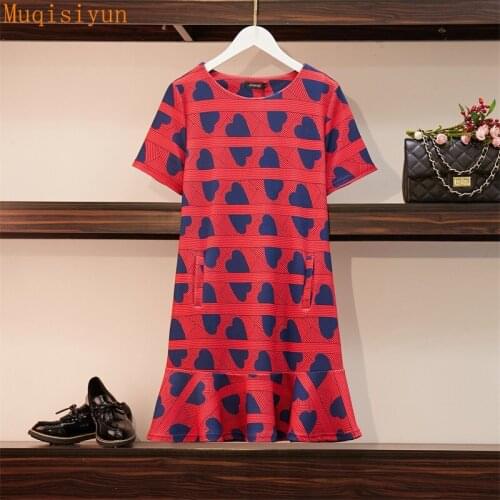 New Summer 2021 Red Dress For Women Fashion Loose Heart-shaped Print O-neck Short Sleeve Casual Loose Dresses Female Clothing