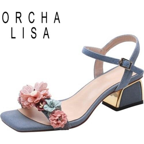 ORCHA LISA 2021 Fashion Sandals Kid Suede Open Toe Flower Buckle Strap 5cm Slingbacks Strange Heel US11 Blue Apricot Black A4307