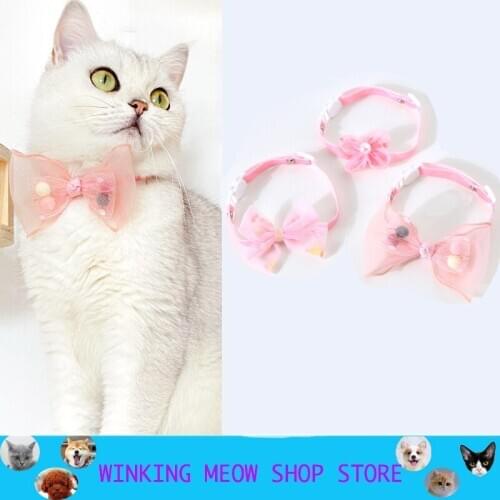 Pets Cat Collar Accessories Lovely Bow Pearl Adjustable Puppy Pet Cat And Dog Products Cartoon Pink Deworming Safety Buckle