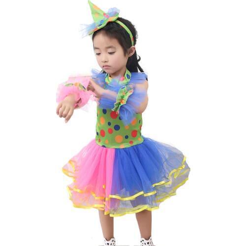 3-10T Cute Circus Dot Clown Jester Costume Child Fancy Canival Colored Tulle Tutu Dress Halloween Outfit For Baby Kid Girls