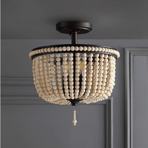 Retro Bohemian Bedroom Chandelier Wood Bead Lights Fixture French Style Coffee Shop Living Room Droplight Experimental